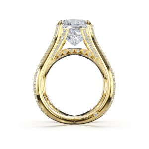 494CU10LDY yellow gold ring, profile view of tall crossed arcs with milgrain and Tacori engraving