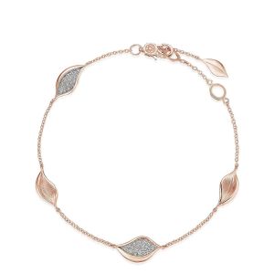 Tacori FB915FPK7 14 Karat Rose Gold, top view of the leaf station bracelet with pave set and brushed petal links on chain