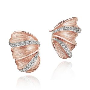 Tacori FE904PK 18 Karat Rose Gold, front view of the ruffled multi petal huggie with curved pave diamond rows over ribbed petals