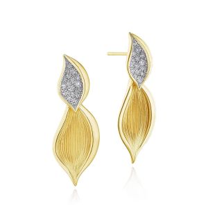 Tacori FE905Y 18 Karat Yellow Gold, angled pair view of the fluted yellow gold petal drops with a pave diamond upper leaf