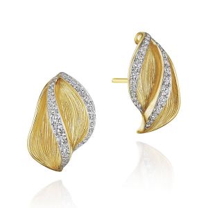 Tacori FE906Y 18 Karat Yellow Gold, angled pair view of the yellow gold double petal huggies with ribbed leaf texture and pave diamond ribbons