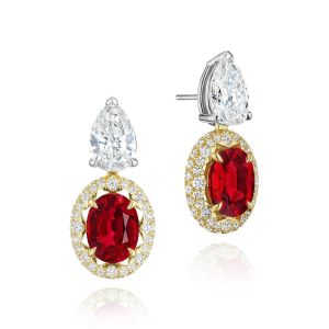 Tacori FE926YGPLAT Platinum - 18 Karat Yellow Gold, angled pair view of the pear diamond stud above an oval ruby framed by a yellow gold diamond halo