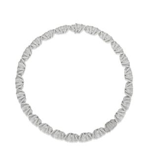 Tacori FN91016 18 Karat White Gold, full length view of the fluted petal links each edged with a pave diamond band and hidden clasp