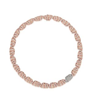 Tacori FN910PK16 18 Karat Rose Gold, full length view of the fluted petal links with pave diamond bands and a white pave accent link