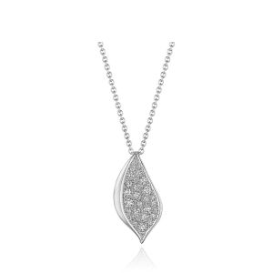 Tacori FN91326 18 Karat White Gold, front view of the pointed petal drop pendant paved with round diamonds beside a polished curved edge