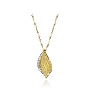 Tacori FN914FY26 14 Karat Yellow Gold, front view of the fluted leaf drop pendant edged by a curved row of pave diamonds