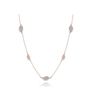 Tacori FN915PK18 18 Karat Rose Gold, full length view of the station necklace with five leaf stations alternating pave diamonds and fluted metal