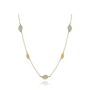 Tacori FN915FY18 14 Karat Yellow Gold, full length view of the petal station necklace with pave set and fluted stations on a yellow cable chain