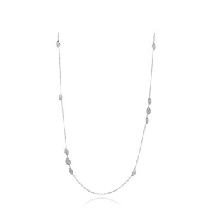 Tacori FN91632 18 Karat White Gold, full length view of the long station necklace with ten leaf stations, several set with pave diamonds