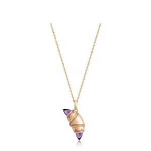 Tacori FN948AMYFPK18 14 Karat Rose Gold, front view of the crescent charm necklace with purple amethyst bullet ends and beaded gold borders