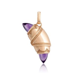 Tacori FN948AMYFPK 14 Karat Rose Gold, angled view of the crescent charm showing the amethyst cabochon tips, beaded bands and hinged bail