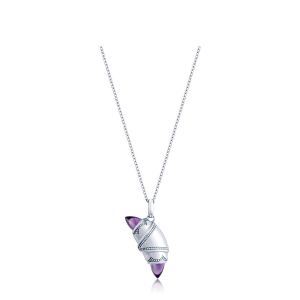 Tacori FN948AMYFW18 14 Karat White Gold, front view of the crescent charm necklace with purple amethyst bullet ends and beaded white metal borders