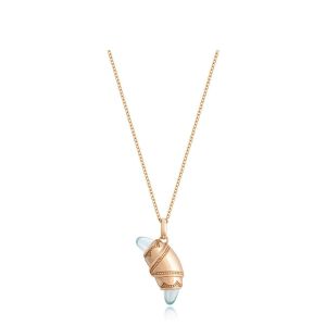 Tacori FN948AQUFPK18 14 Karat Rose Gold, front view of the crescent charm necklace with pale blue aquamarine bullet ends and beaded gold borders