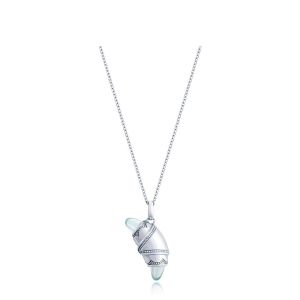 Tacori FN948AQUFW18 14 Karat White Gold, front view of the crescent charm necklace with pale blue aquamarine bullet ends and beaded white metal borders