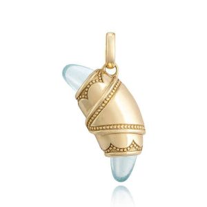 Tacori FN948AQUFY 14 Karat Yellow Gold, angled view of the crescent charm showing the pale blue aquamarine tips, beaded bands and bail