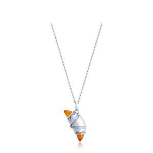 Tacori FN948CARFW18 14 Karat White Gold, front view of the crescent charm necklace with orange carnelian bullet ends and beaded white metal borders