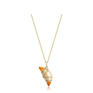 Tacori FN948CARFY18 14 Karat Yellow Gold, front view of the crescent charm necklace with orange carnelian bullet ends and beaded gold borders