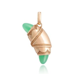 Tacori FN948CHRFPK 14 Karat Rose Gold, angled view of the crescent charm showing the green chrysoprase cabochon tips, beaded bands and bail