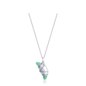 Tacori FN948CHRFW18 14 Karat White Gold, angled view of the beaded crescent cookie pendant with green cabochon tips on a cable chain