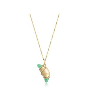 Tacori FN948CHRFY18 14 Karat Yellow Gold, full view of the crescent cookie pendant on a yellow gold cable chain with green chrysoprase tips