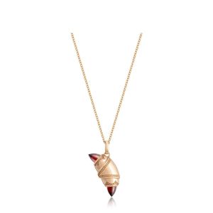 Tacori FN948GARFPK18 14 Karat Rose Gold, full view of the crescent cookie pendant on a rose gold cable chain with red garnet tips