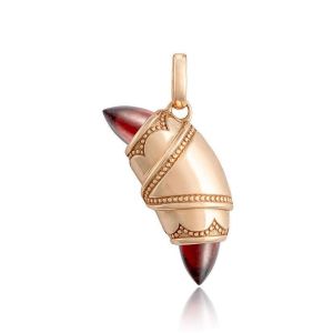 Tacori FN948GARFPK 14 Karat Rose Gold, angled view of the crescent cookie charm wrapping a red garnet cone with beaded milgrain bands