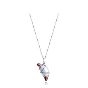 Tacori FN948GARFW18 14 Karat White Gold, full view of the crescent cookie pendant on a white gold cable chain with red garnet tips