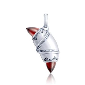 Tacori FN948GARFW 14 Karat White Gold, angled close view of the beaded crescent cookie charm with red cabochon tips and open bail