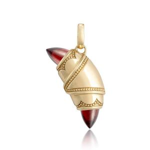 Tacori FN948GARFY 14 Karat Yellow Gold, angled close view of the beaded crescent cookie charm with red cabochon tips and open bail