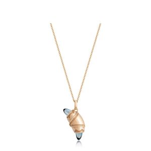 Tacori FN948LBTFPK18 14 Karat Rose Gold, angled view of the beaded crescent cookie pendant with blue cabochon tips on a cable chain