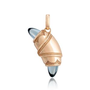 Tacori FN948LBTFPK 14 Karat Rose Gold, angled close view of the beaded crescent cookie charm with blue cabochon tips and open bail