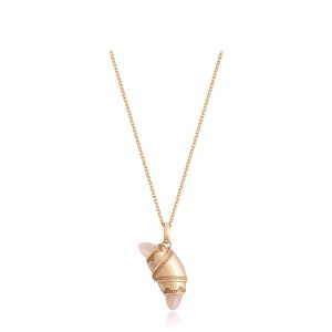 Tacori FN948LPAFPK18 14 Karat Rose Gold, angled view of the beaded crescent cookie pendant with pale pink cabochon tips on a cable chain