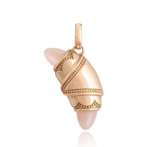 Tacori FN948LPAFPK 14 Karat Rose Gold, angled close view of the beaded crescent cookie charm with pale pink cabochon tips and open bail