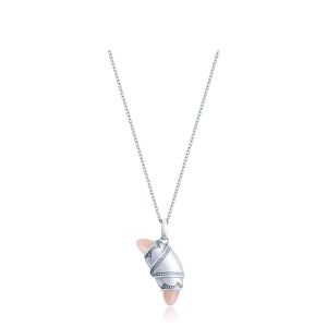 Tacori FN948LPAFW18 14 Karat White Gold, angled view of the beaded crescent cookie pendant with pale pink cabochon tips on a cable chain