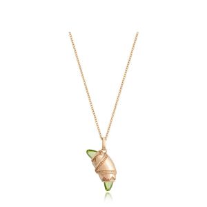 Tacori FN948PERFPK18 14 Karat Rose Gold, angled view of the beaded crescent cookie pendant with olive green cabochon tips on a cable chain