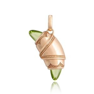 Tacori FN948PERFPK 14 Karat Rose Gold, angled close view of the beaded crescent cookie charm with olive green cabochon tips and open bail