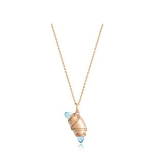 Tacori FN948SWTFPK18 14 Karat Rose Gold, angled view of the beaded crescent cookie pendant with sky blue cabochon tips on a cable chain