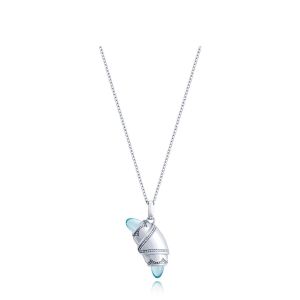 Tacori FN948SWTFW18 14 Karat White Gold, angled view of the beaded crescent cookie pendant with sky blue cabochon tips on a cable chain