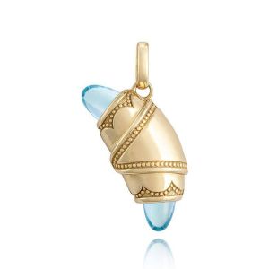 Tacori FN948SWTFY 14 Karat Yellow Gold, angled close view of the beaded crescent cookie charm with sky blue cabochon tips and open bail