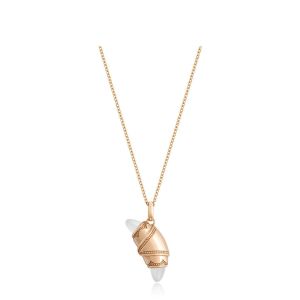 Tacori FN948WMFPK18 14 Karat Rose Gold, angled view of the beaded crescent cookie pendant with milky white cabochon tips on a cable chain