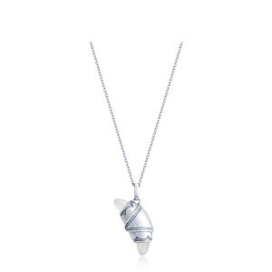 Tacori FN948WMFW18 14 Karat White Gold, angled view of the beaded crescent cookie pendant with milky white cabochon tips on a cable chain