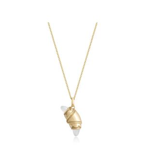 Tacori FN948WMFY18 14 Karat Yellow Gold, angled view of the beaded crescent cookie pendant with milky white cabochon tips on a cable chain