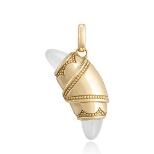Tacori FN948WMFY 14 Karat Yellow Gold, angled view of the crescent charm wrapping a white moonstone bullet with beaded gold borders
