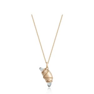 Tacori FN948WTFPK18 14 Karat Rose Gold, front view of the crescent cookie pendant on a fine cable chain with a colourless topaz point