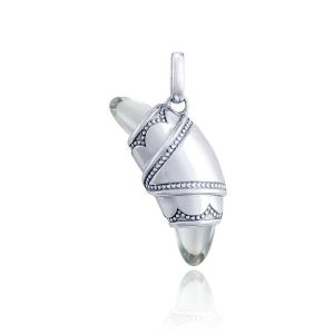 Tacori FN948WTFW 14 Karat White Gold, angled view of the crescent charm wrapped around a colourless topaz bullet with beaded scalloped edges