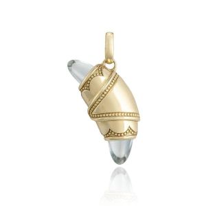 Tacori FN948WTFY 14 Karat Yellow Gold, angled view of the crescent charm wrapped around a colourless topaz bullet with beaded scalloped edges