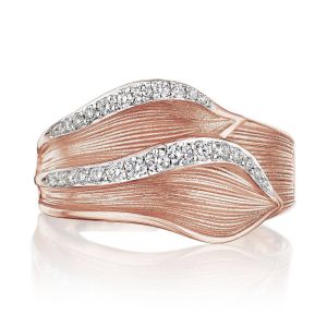 Tacori FR906PK 18 Karat Rose Gold, top view of the double petal band with two sweeping rows of pave diamonds