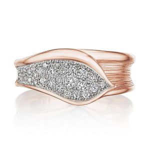 Tacori FR907PK 18 Karat Rose Gold, top view of the petal band with a leaf panel packed with pave diamonds