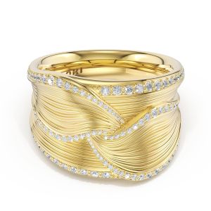 Tacori FR917Y 18 Karat Yellow Gold, angled view of the wide sculpted double petal band crossed by lines of pave diamonds