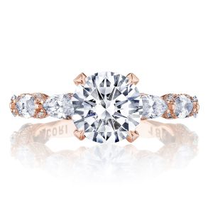 HT2667RD8PK rose gold ring top view, round center stone with east west marquise diamonds in pave halo links